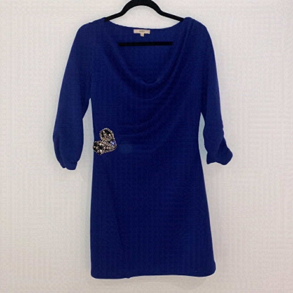 Royal blue midi dress 3/4 ruched sleeves dropped neckline Size Large